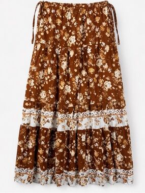 GiGiO Brown Floral Maxi Skirt Boho Prairie Tiered Cottagecore Small